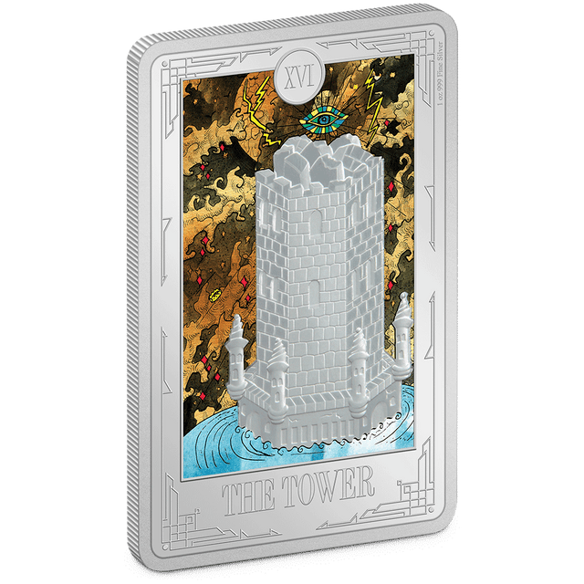 Crafted from 1oz pure silver, this collectible coin depicts the Tarot Card in stunningly detailed frosted engraving and colour. The name of the card is engraved below, and a polished mirror-finish borders the design.