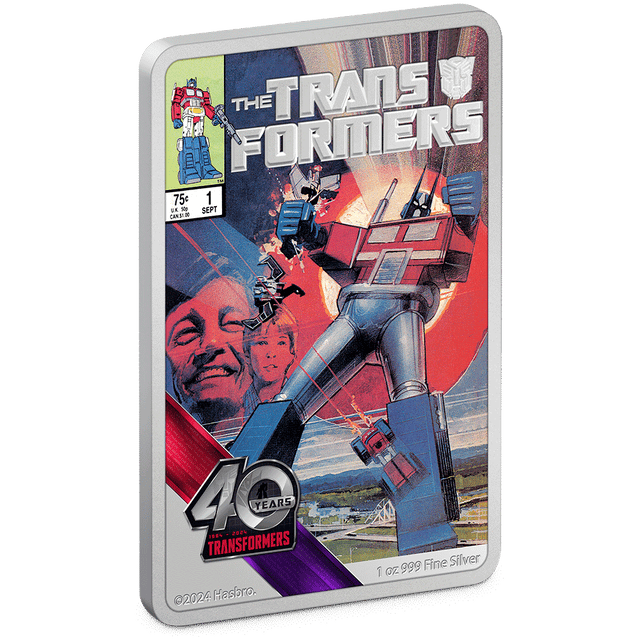 Features the iconic cover of The Transformers #1 comic from September 1984, along with the anniversary logo, both in colour. The Transformers logo is frosted, allowing it to stand out. Limited to 1,984 coins to reflect the year of debut. - New Zealand Mint