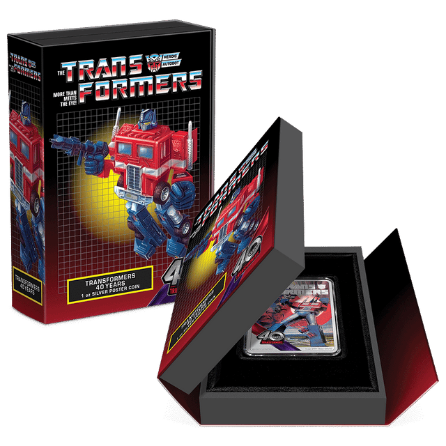 Transformers 40 Years – 1oz Silver Poster Coin Featuring Custom Book-Style Packaging with Printed Coin Specifications.  