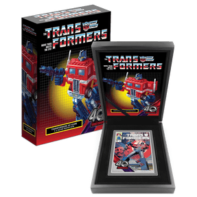Transformers 40 Years – 5oz Silver Poster Coin - Featuring Custom Book-Style Packaging with Printed Coin Specifications. 
