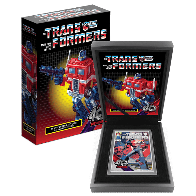 Transformers 40 Years – 5oz Silver Poster Coin - Featuring Custom Book-Style Packaging with Printed Coin Specifications. 
