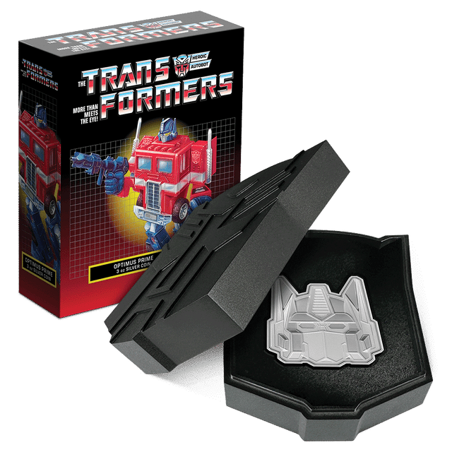 Transformers 40 Years – Optimus Prime 3oz Silver Coin With Custom Display Box and Outer Box Featuring brand imagery.