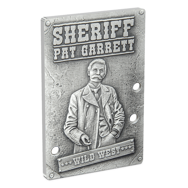 1oz of pure silver, this collectible coin pays homage to the legendary Sheriff and his fearless pursuit of justice. Features a detailed design with intricate relief, depicting Pat Garrett complete with artfully placed punched bullet holes. - New Zealand Mint