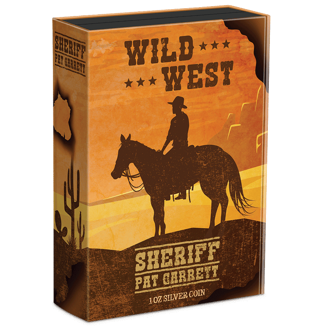 Wild West – Sheriff Pat Garrett 1oz Silver Coin Featuring Custom Book-style Display Box With Brand Imagery.
