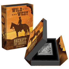 Wild West – Sheriff Pat Garrett 1oz Silver Coin Featuring Custom Book-Style Packaging with Printed Coin Specifications.  