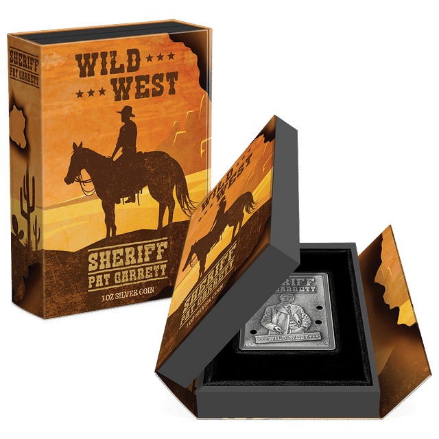 Wild West – Sheriff Pat Garrett 1oz Silver Coin Featuring Custom Book-Style Packaging with Printed Coin Specifications.  