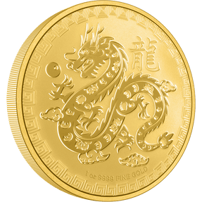 The 1oz Gold Year of the Dragon Coin 2024 features the image of a Dragon and Pearl juxtaposed against clouds in the sky. The Traditional Chinese character for "dragon" is also included on the coin reverse along with the metal weight and quality. 