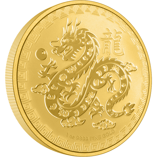 The 1oz Gold Year of the Dragon Coin 2024 features the image of a Dragon and Pearl juxtaposed against clouds in the sky. The Traditional Chinese character for 