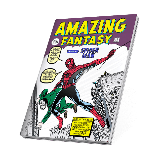 Made of 1oz pure silver, this COMIX™ Coin displays a coloured image of the Amazing Fantasy #15 comic cover from 1962 – the first appearance of Spider-Man™! Some parts have been left engraved to let the silver glisten. - New Zealand Mint