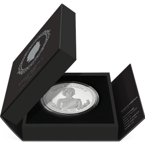 Queen Elizabeth II 1oz Silver Coin Featuring Custom-designed Book-style Packaging with Coin Insert.