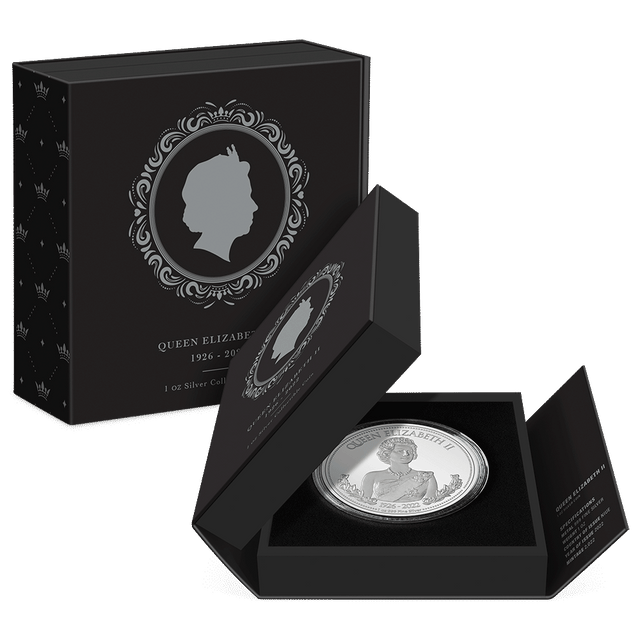 Queen Elizabeth II 1oz Silver Coin Featuring Book-style Packaging With Custom Velvet Insert to House the Coin.