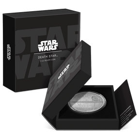 Star Wars™ - Death Star™ 3oz Silver Coin Featuring Custom-designed Book-style Packaging with Coin Insert and Certificate of Authenticity.