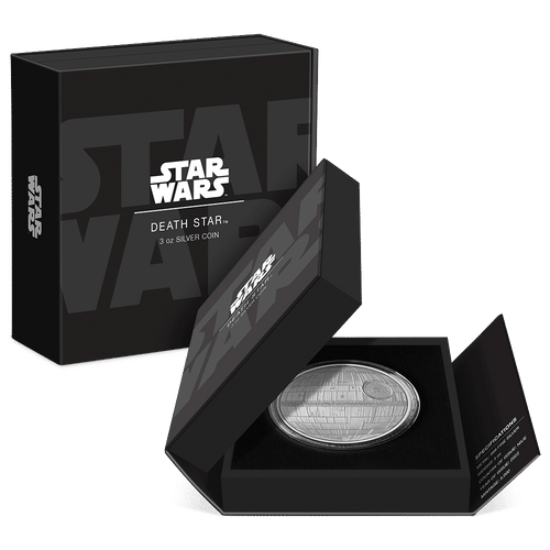 Star Wars™ - Death Star™ 3oz Silver Coin Featuring Custom-designed Book-style Packaging with Coin Insert and Certificate of Authenticity.