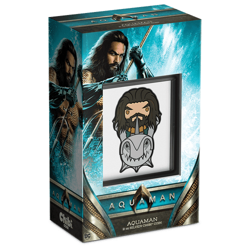 DC Comics - AQUAMAN™ MEGA Chibi® 2oz Silver Coin  Featuring Custom-Designed Outer Box With Brand Imagery.