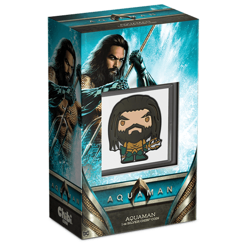 DC Comics - AQUAMAN™ 1oz Silver Chibi® Coin Featuring Custom Packaging with Display Window and Certificate of Authenticity Sticker.