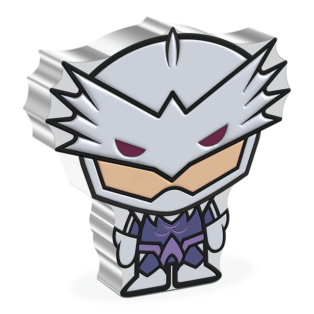 This 1oz pure silver Chibi® Coin features the bloodthirsty prince of Atlantis, ORM™! Coloured and shaped, he is shown in his notable purple and silver suit, as seen in the 2018 film, Aquaman™ - New Zealand Mint. 