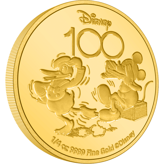 Commemorate Disney’s 100th anniversary with this precious ¼oz gold coin! Fully engraved, the design features the Disney100 logo at the top. Below is the beloved Disney’s Mickey Mouse playing the harmonica alongside Disney’s Donald Duck. - New Zealand Mint.