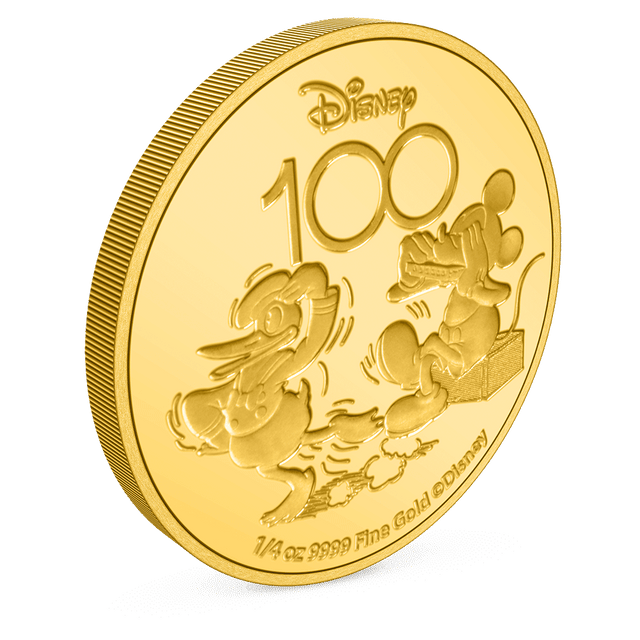 Disney 100 Years of Wonder - Mickey Mouse and Donald Duck 1/4oz Gold Coin with Milled Edge Finish.