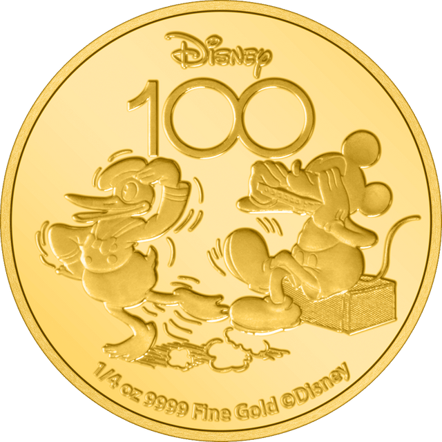Disney 100 Years of Wonder - Mickey Mouse and Donald Duck 1/4oz Gold Coin Flat View.