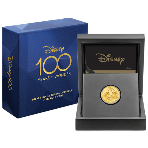 Disney 100 Years of Wonder - Mickey Mouse and Donald Duck 1/4oz Gold Coin With Custom Wooden Display Box and Outer Box Featuring brand imagery.