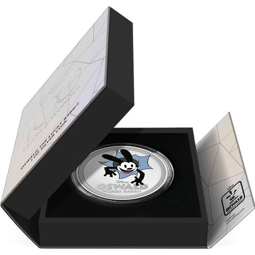 Disney 100 Years of Wonder – Oswald the Lucky Rabbit 1oz Silver Coin Featuring  Book-style Packaging with Coin Insert and Certificate of Authenticity Sticker.