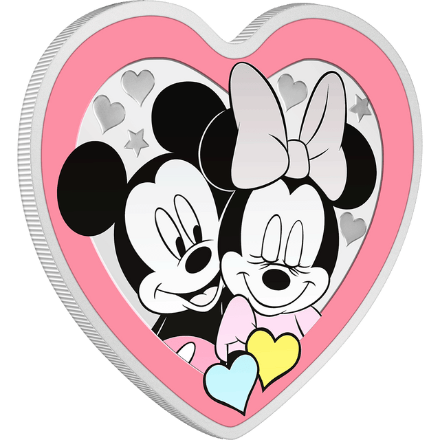 Our 2023 Disney Love coin features a coloured image of Disney’s Mickey Mouse and Minnie Mouse. They are shown in a romantic pose, surrounded by delightful love motifs. A pretty pink border outlines the heart-shaped coin, which adds a charming touch! - New Zealand Mint.