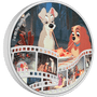 The coin shows a beloved scene, in full colour, where the two dogs are on a romantic evening and share a plate of spaghetti. Along the bottom is a film scroll, showcasing a lovely montage of all your favourite characters from the movie. - New Zealand Mint