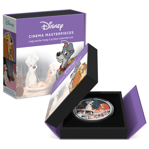 Disney Cinema Masterpieces - Lady and the Tramp 3oz Silver Coin  Featuring Book-style Packaging With Custom Velvet Insert to House the Coin.