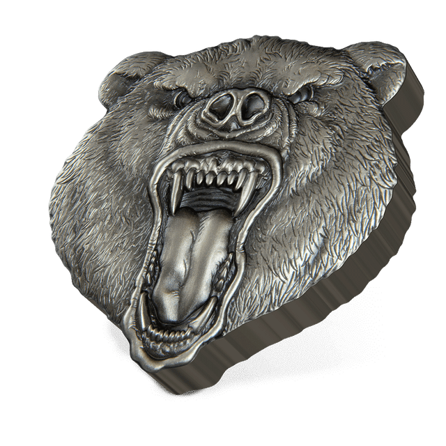 Fierce Nature - Grizzly Bear 2oz Silver Coin With Antique Finish.