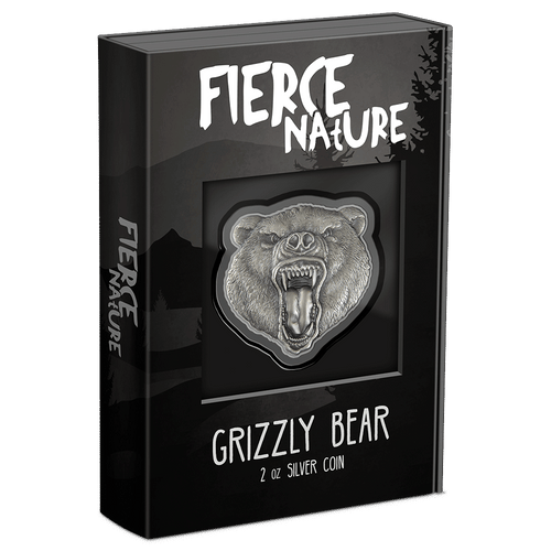Fierce Nature - Grizzly Bear 2oz Silver Coin  Featuring Custom-Designed Outer Box With Brand Imagery.
