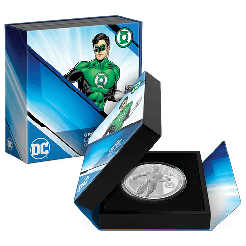 GREEN LANTERN™ Classic 1oz Silver Coin Featuring Custom-designed Book-style Packaging with Coin Insert and Certificate of Authenticity.
