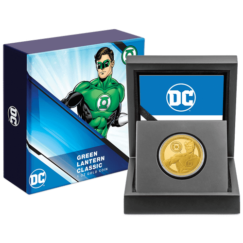 GREEN LANTERN™ Classic 1oz Gold Coin With Custom Display Box and Outer Box Featuring Brand Imagery and Certificate of Authenticity.