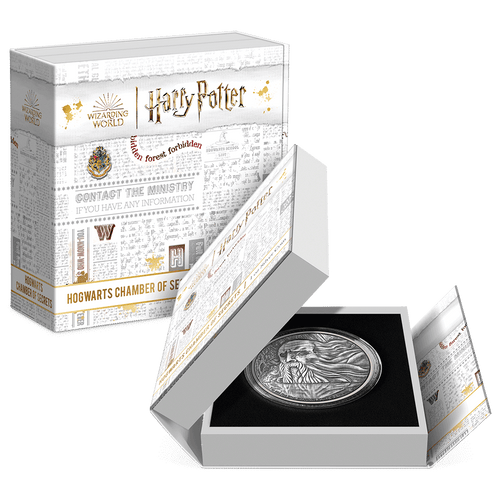 HOGWARTS™ - Chamber of Secrets 1oz Silver Coin Featuring Custom-designed Book-style Packaging with Coin Insert and Certificate of Authenticity.