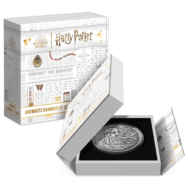 HOGWARTS™ - Chamber of Secrets 1oz Silver Coin Featuring Custom-designed Book-style Packaging with Coin Insert and Certificate of Authenticity.