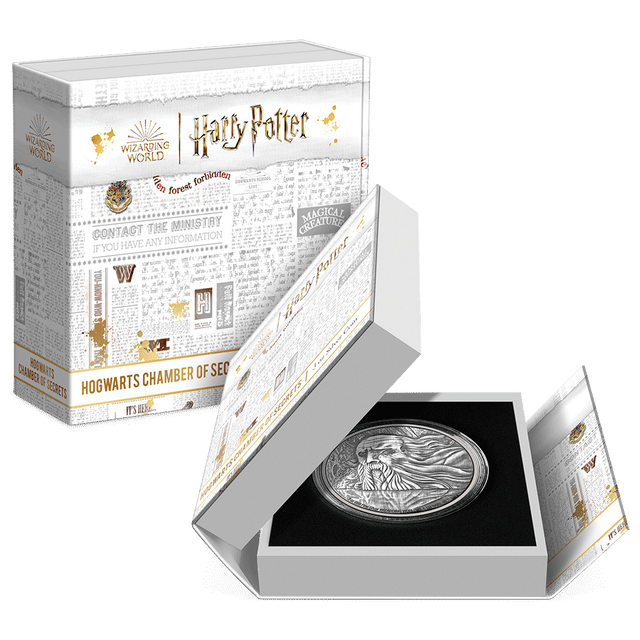 HOGWARTS™ - Chamber of Secrets 3oz Silver Coin Featuring Custom Book-style Packaging with Display Window and Certificate of Authenticity Sticker.