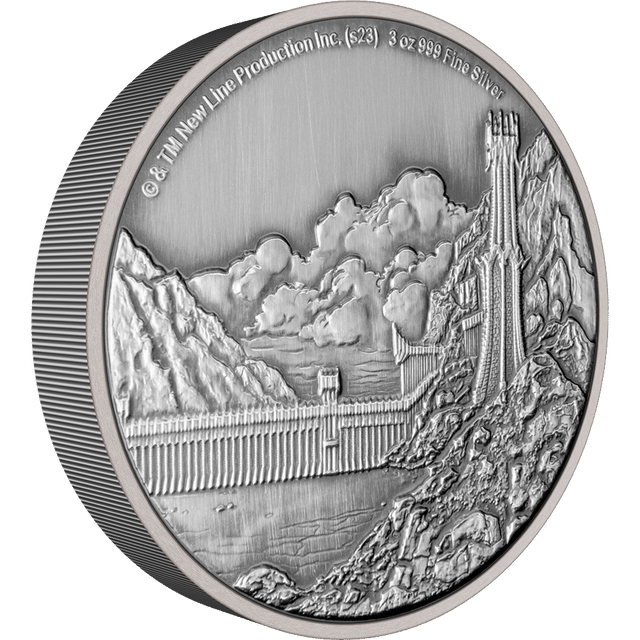 Made of 3oz pure silver, this coin displays an expansive view of the mighty Black Gate and Tower of the Teeth landscape in Mordor, from THE LORD OF THE RINGS™. It is fully engraved with an antique finish and added relief. - New Zealand Mint
