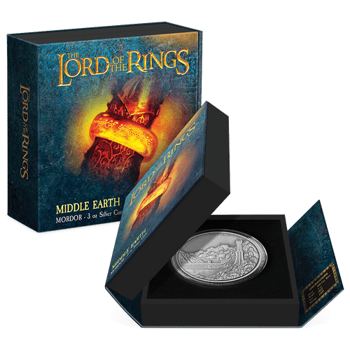 THE LORD OF THE RINGS™ - Mordor 3oz Silver Coin Featuring Custom-designed Book-style Packaging with Coin Insert and Certificate of Authenticity.