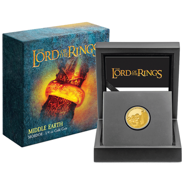 THE LORD OF THE RINGS™ - Mordor 1/4oz Gold Coin  With Custom Wooden Display Box and Outer Box Featuring brand imagery.