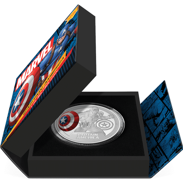 Marvel Captain America™ 1oz Silver Coin Featuring Book-style Packaging With Custom Velvet Insert to House the Coin.