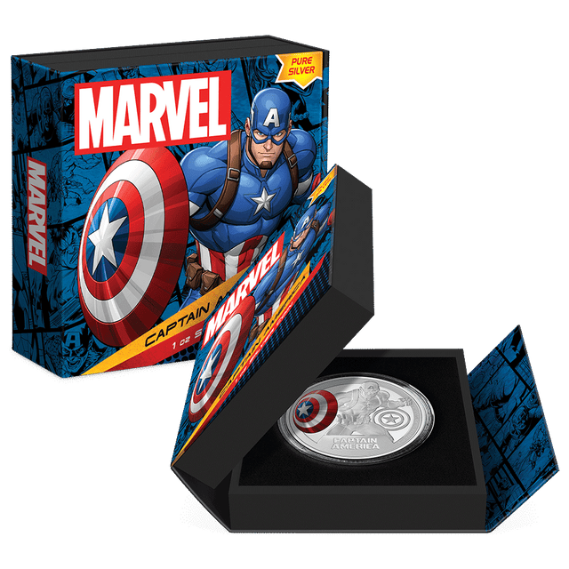Marvel Captain America™ 1oz Silver Coin Featuring Custom-designed Book-style Packaging with Coin Insert and Certificate of Authenticity.