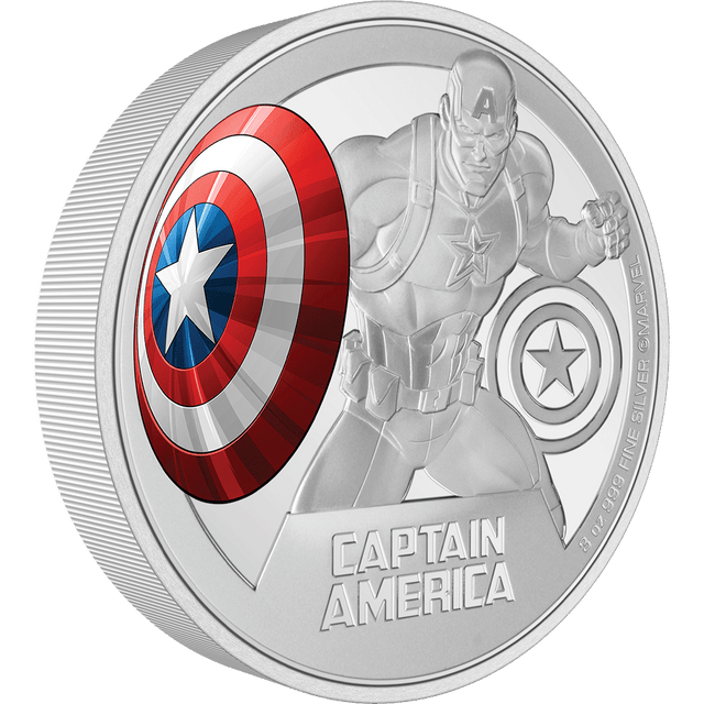 This 3oz pure silver coin, as part of our Marvel Classic Coin Collection, shows Captain America’s™ impenetrable shield in rich colour, with his emblem engraved to the side. A mirror finish background is added for extra effect. - New Zealand Mint.