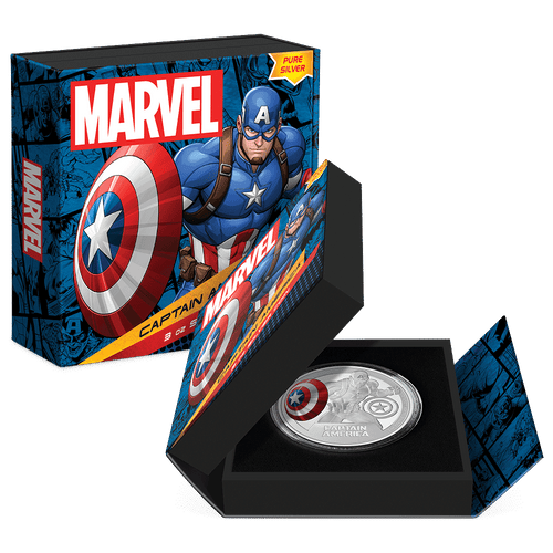 Marvel Captain America™ 3oz Silver Coin Featuring Custom-designed Book-style Packaging with Coin Insert and Certificate of Authenticity.