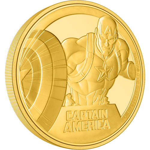 The patriotic Avenger, Captain America™ features on this fantastically engraved ¼oz gold coin! Displaying a powerful close-up of the hero. Some relief and texture, using sandblasting, further enhance this powerful design. - New Zealand Mint.