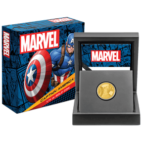 Marvel Captain America™ 1/4oz Gold Coin With Custom Wooden Display Box and Outer Box Featuring brand imagery.