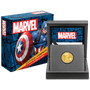 Marvel Captain America™ 1/4oz Gold Coin With Custom Wooden Display Box and Outer Box Featuring brand imagery.