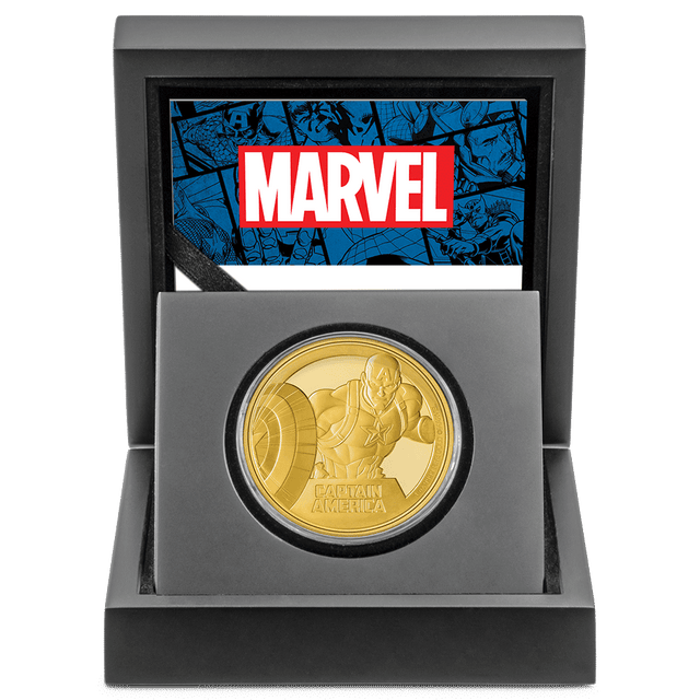 Marvel Captain America™ 1oz Gold Coin With Custom-Designed Wooden Box with Certificate Holder and Viewing Insert. 