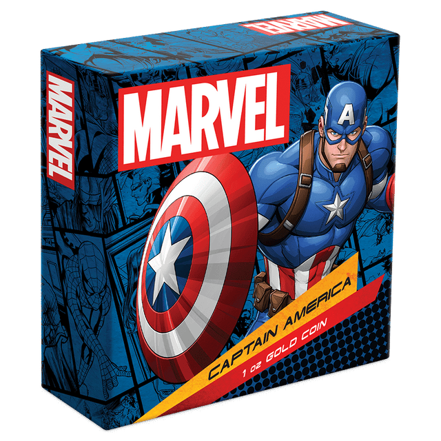 Marvel Captain America™ 1oz Gold Coin Featuring Custom-Designed Outer Box With Brand Imagery.