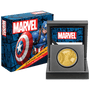 Marvel Captain America™ 1oz Gold Coin With Custom Wooden Display Box and Outer Box Featuring brand imagery.