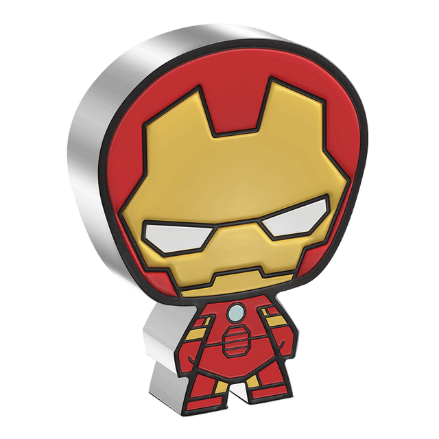 This Chibi® Coin is made of 1oz pure silver and coloured and shaped to resemble Iron Man wearing his iconic red armour and helmet. Some relief has been added, giving the design some depth.  - New Zealand Mint.