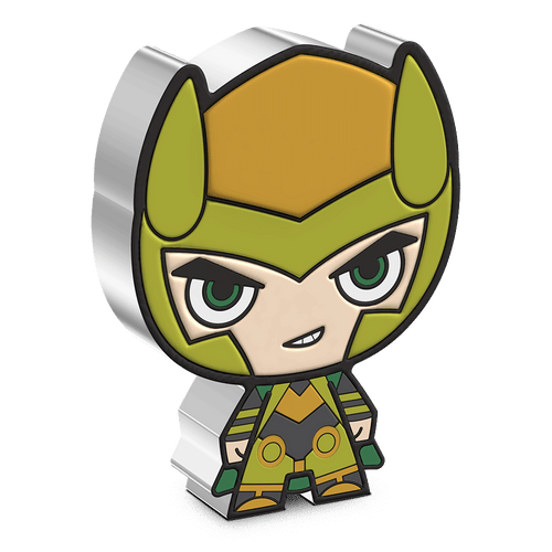 This Marvel Chibi® Coin is made of 1oz pure silver to show this Asgardian Prince wearing his green and gold armour, cape and horned helmet. Relief has been added to enhance the striking design. | NZ Mint